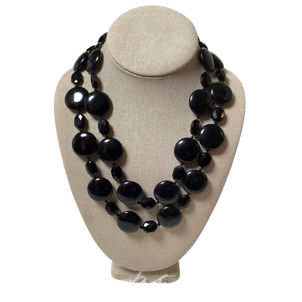 Club Monaco Black Double Strand Glass Bead Statement Necklace Boho Edgy C32-26